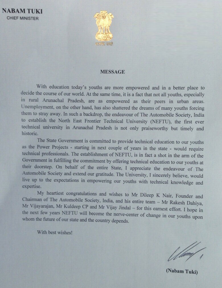 Letter form Chief Minister Nabam Tuki